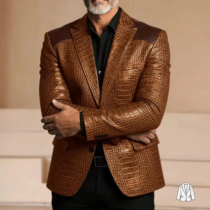 Men's Blazer Crocodile Embossed Leather Suit Jacket Shoulder Patch Notch Lapel Two Button Sport Coat Business Casual Flap Pocket