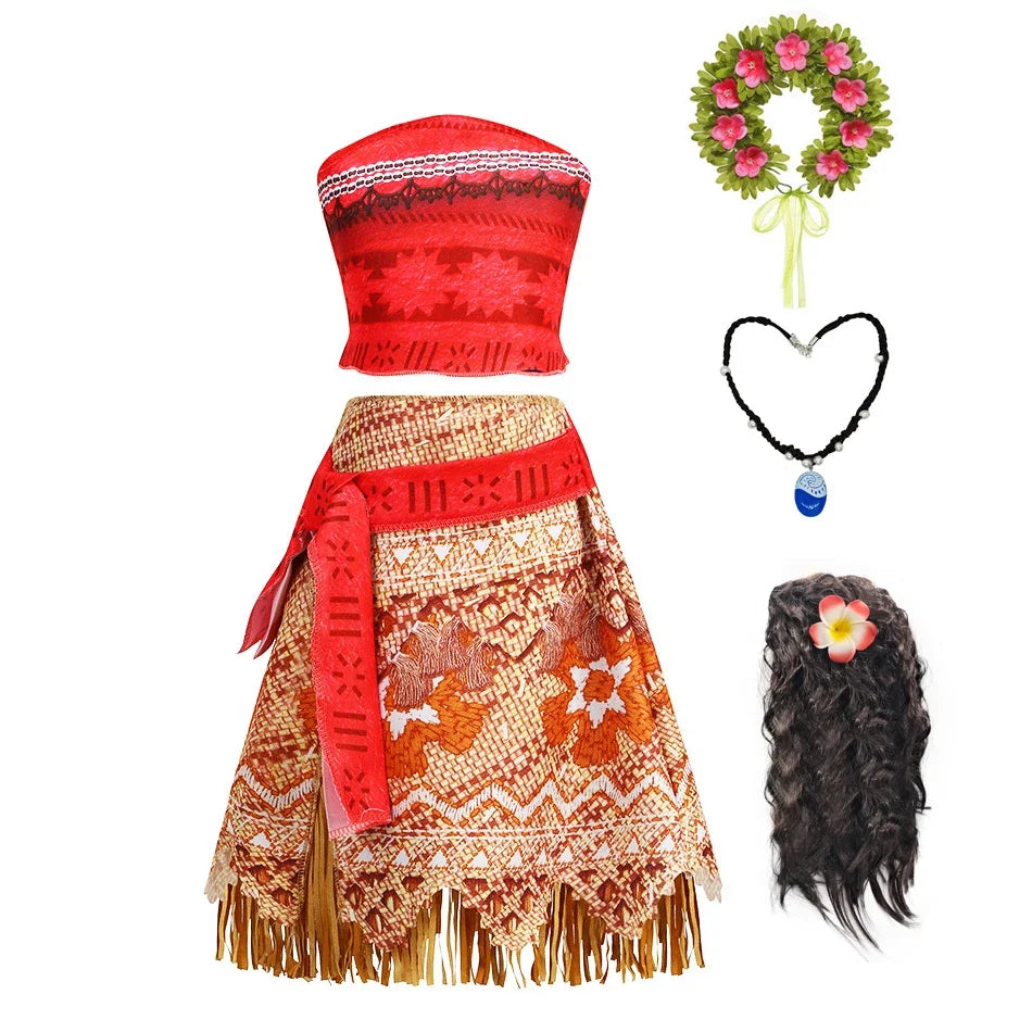 Moana Dress Kids Girls Children Cosplay Princess Birthday Carnival Party Costume with Necklace Flower Set Summer