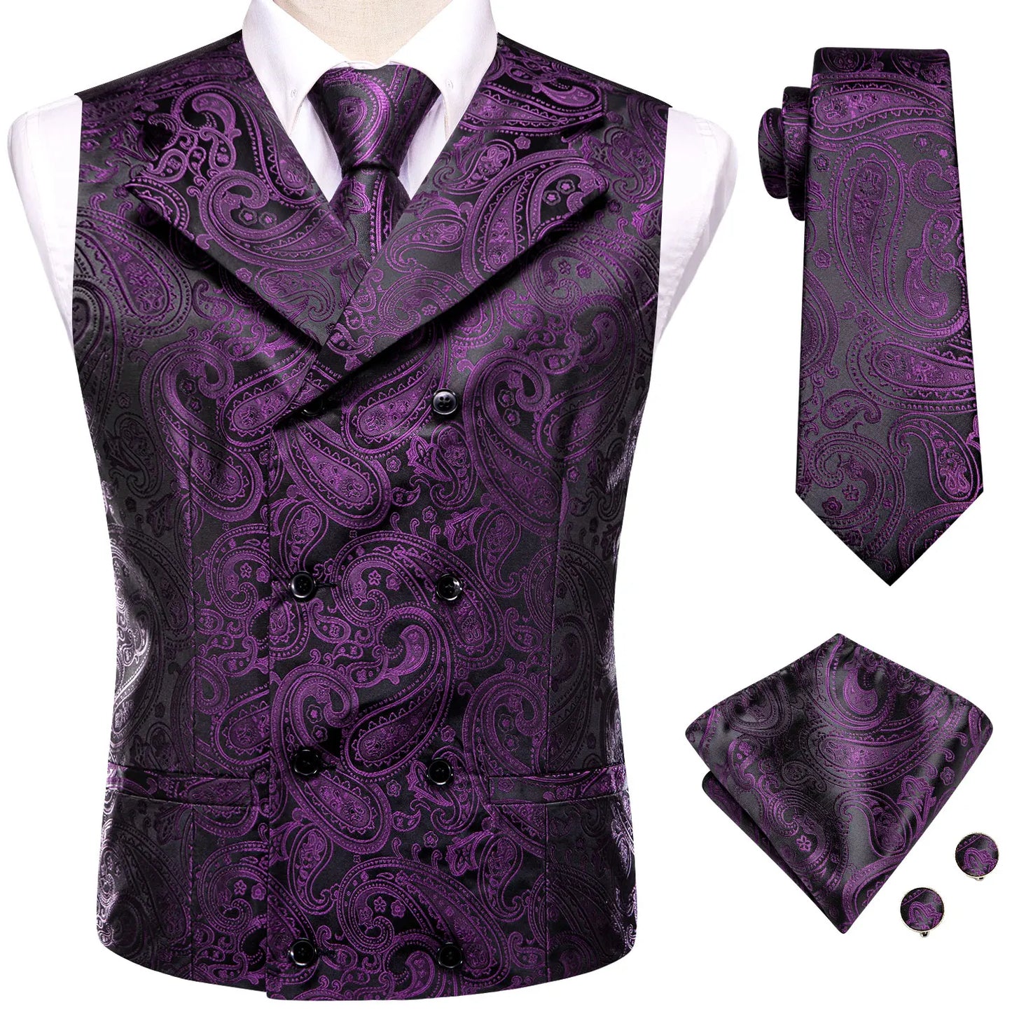 Dark Red Men's Vests Silk Paisley Jacquard Waistcoat Jacket NeckTie Hanky Cufflinks for Men Business Party Designer Gifts