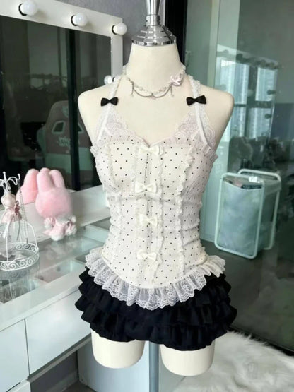 French Style Sweet Cute Polka Dot Splicing Dress Lace Bow Korean Fashion Dresses New Design Slim Waist Lady Y2k Mini Dress