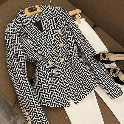 Spring High-end Fashion Women's Elegant Mid To Long Suit Jacket with Collar Print Design and Double Breasted Versatile Jacket