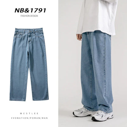Korean Fashion Men's Baggy Jeans Classic All-match Solid Color Straight-leg Denim Wide-leg Pants Male Light Blue Grey Black