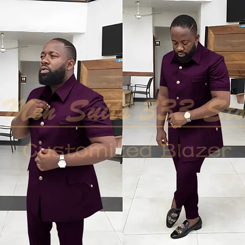 Summer Men's Suits Solid Color Short Sleeve Single Breasted Stand Lapel Casual Outfits 2 Piece Jacket Pants Set Slim Fit Terno