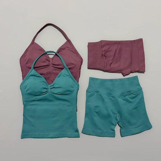 2 Pieces Sports Set Women Backless Halter Tops Fitness Tank Top High Waist Seamless High Stretch Shorts Gym Workout Sets