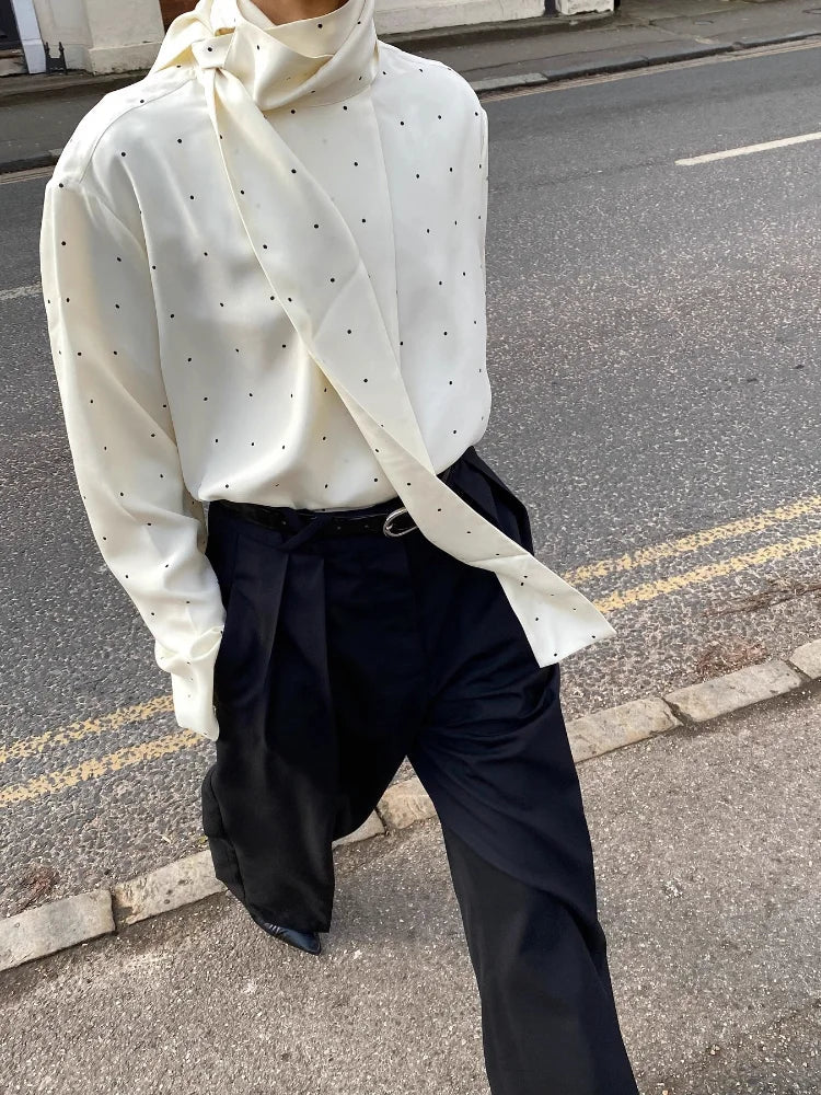 Satin Scarf Neck Polka Dot Printing Women Blouse Fashion Full Sleeve Loose Basic Shirt Lady Autumn New Highstreet Commute Wear