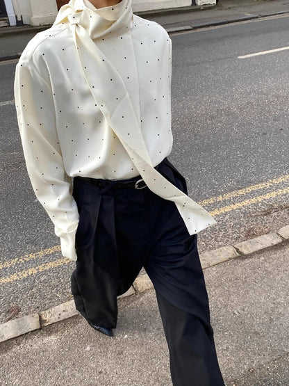 Satin Scarf Neck Polka Dot Printing Women Blouse Fashion Full Sleeve Loose Basic Shirt Lady Autumn New Highstreet Commute Wear