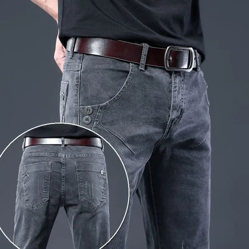 Stylish Black Luxury Men's Korean Streetwear Punk Fashion Comfortable Stretch Jeans Slim Fit Straight Leg Casual Denim Pants