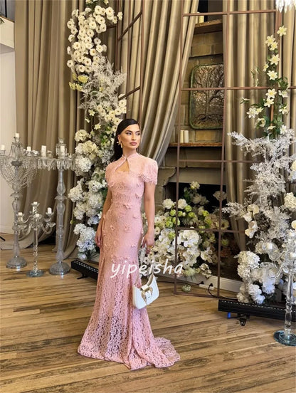 Customized Modern Style Formal Lace Handmade Flower Pleat Mermaid High Collar Long Dresses Bespoke Occasion Dresses High Quality