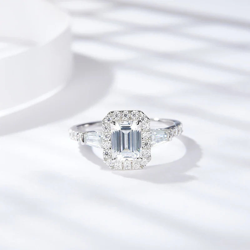 D Color Full Moissanite Ring For Women 5x7mm Emerald Cut Sparkling Rings S925 Silver Wedding Party Luxury Band Jewelry