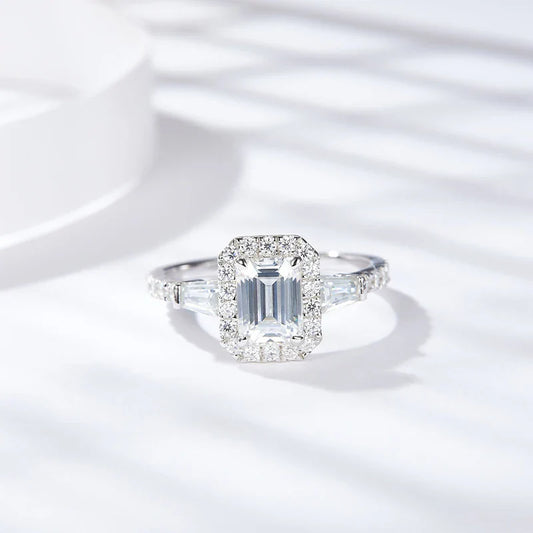 D Color Full Moissanite Ring For Women 5x7mm Emerald Cut Sparkling Rings S925 Silver Wedding Party Luxury Band Jewelry