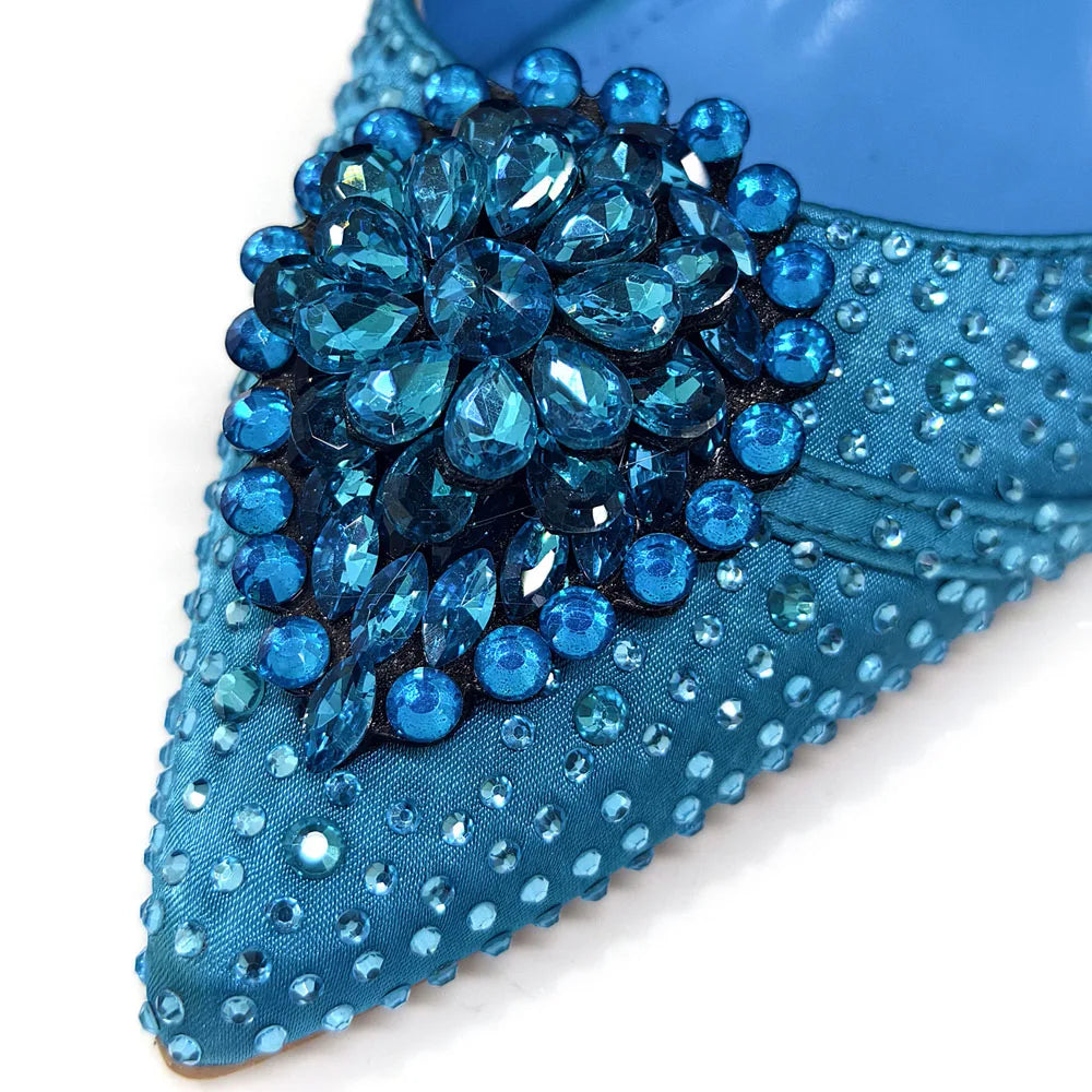 Blue Color Rhinestone Comfortable high heel shoe And Bag Fashion Style Pointed-Toe Shoes For Women Or Commuting Shoes