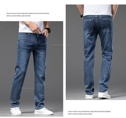 Spring Summer Thin Men's Classic Jeans Elastic Loose Straight Cotton Casual Denim Trousers Brand Clothing Business Male Pants