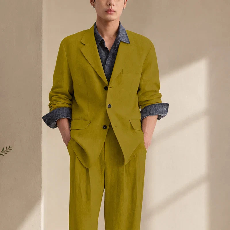 Men's Linen 2 Piece Set Notched Lapel Loose Fit Blazer Wide Leg Trousers Lightweight Breathable Spring Business Casual DailyWear