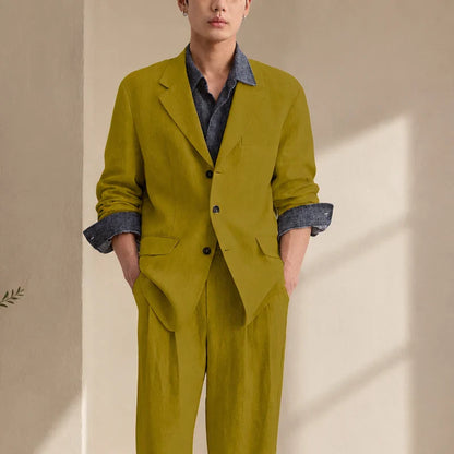 Men's Linen 2 Piece Set Notched Lapel Loose Fit Blazer Wide Leg Trousers Lightweight Breathable Spring Business Casual DailyWear