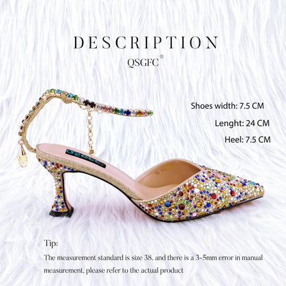 New Gold Glitter Fabric Pointed Toe High Heels With A Variety Of Shapes Of Rhinestones Fashion Party Ladies Shoes And Bag