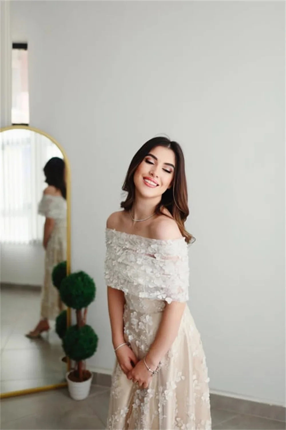 Champagn Tulle Evening dresses Off the Shoulder A-line Vestidos De Fiesta Elegant Long Sleeves Ankle-length  فساتين سهرة