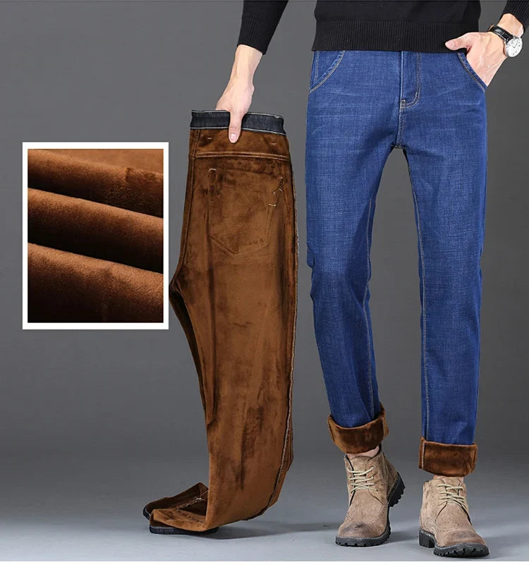 Men New Winter Classics Fleece Thick Warm Jeans Men's Loose Straight Elastic Denim Pants Casual Plush Trousers Large Size 28-40
