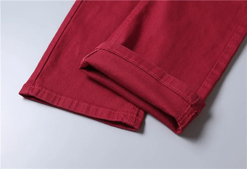 Brand Classic Style Men's Wine Red Jeans Fashion Business Casual Straight Denim Stretch Trousers Male Denim Pants Korean reviews