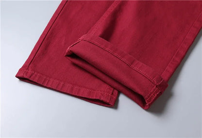 Brand Classic Style Men's Wine Red Jeans Fashion Business Casual Straight Denim Stretch Trousers Male Denim Pants Korean reviews
