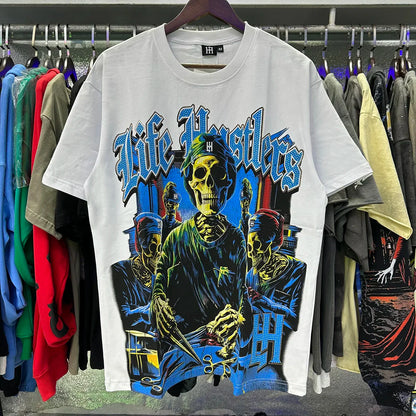 Masked Tattoo Angel Gun Diamond Short Sleeve Tshirts for Men and Women Crew Neck Cotton Summer Top Tees Oversized