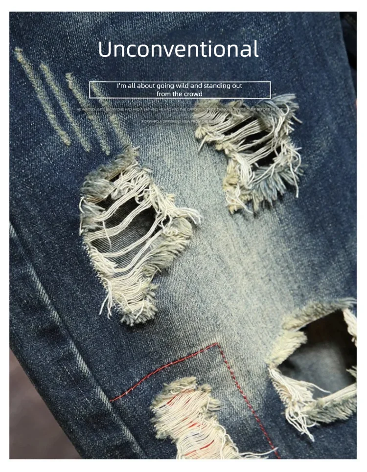 Men's Denim Shorts Retro Distressed Style Trendy Five Quarter Pants Spring and Summer Youth Light Blue