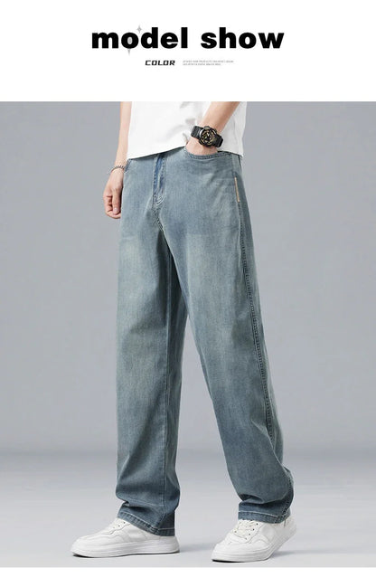Lyocell Ultra-thin Summer Men's Jeans Elastic Ice Silk Drape Soft Loose Pants Straight Casual Denim Male Clothing Trousers
