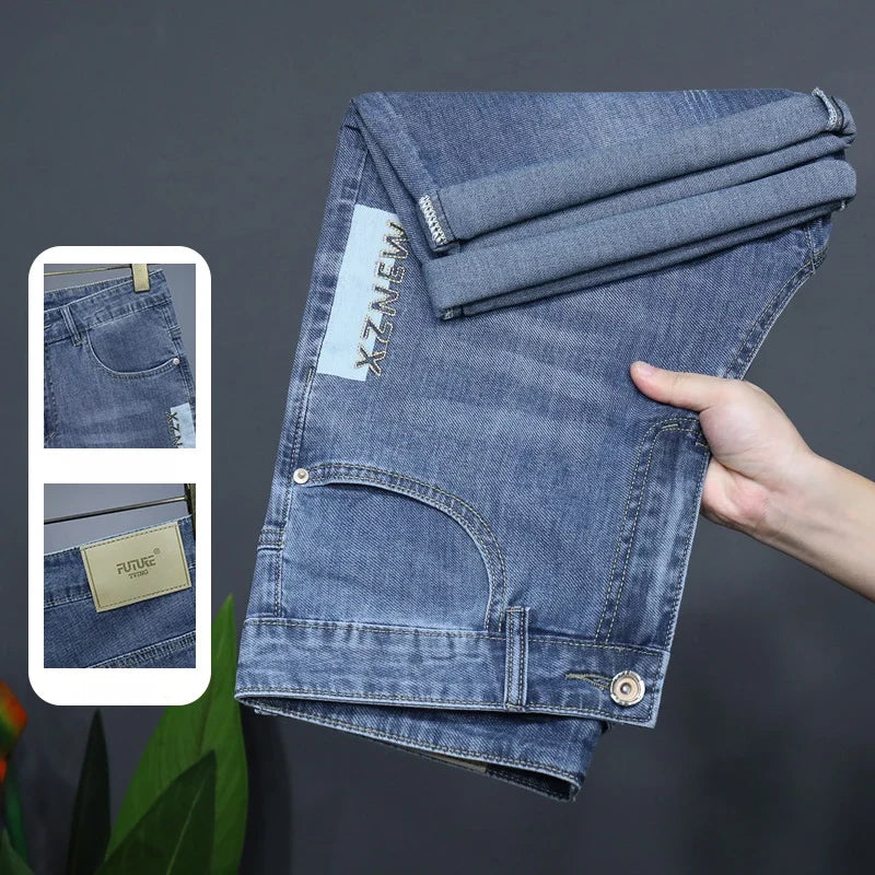 Summer Thin Men's Embroidered Denim Shorts Fashion Stretch Slim Breathable Straight Jeans Personality Bermuda Short Pants Male