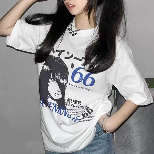Japanese Anime Comic Print Cotton Oversized T-shirt Harajuku Summer Streetwear Loose Fashion Short Sleeve Top for Women Ins