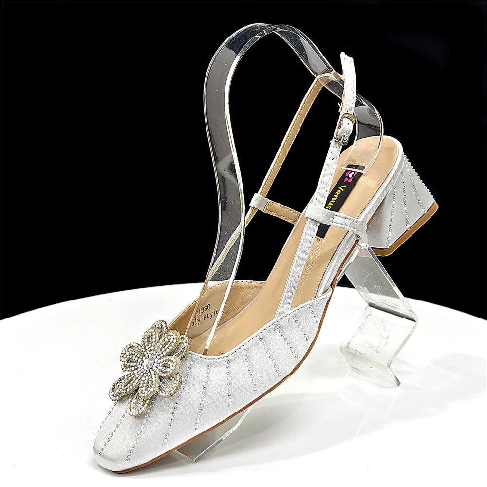 2026 Elegant Gold Color Women's Heels Handbag Set Rhinestone Embellished Designer Shoes for Weddings Special Events