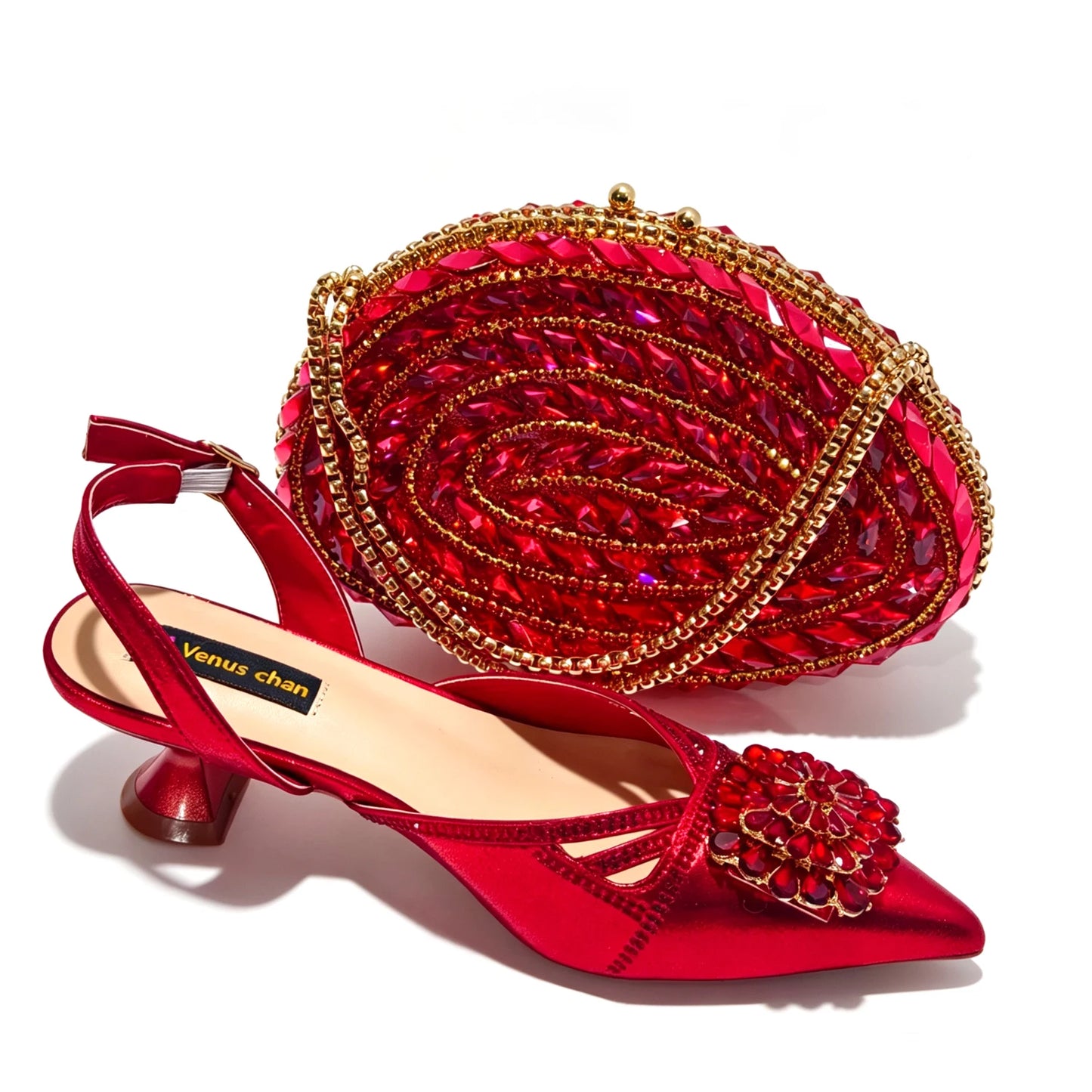 2026 Italian Peach Gold Rhinestone HAND CRAFTED UPPER Pointed Toe Women High Heels Shoes and Bag Set Elegant Party Shoes