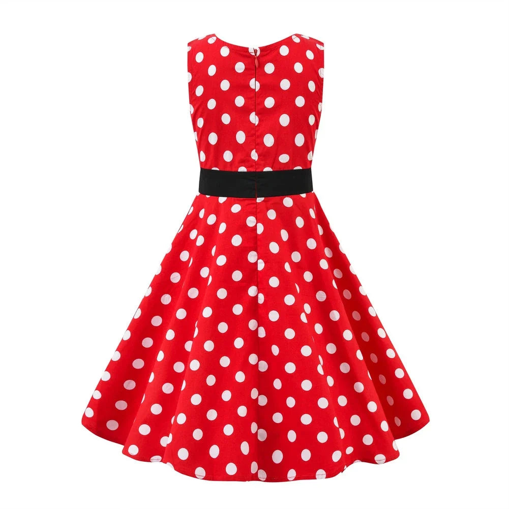 LPATTERN Girls' Vintage Rockabilly Dress Party Retro Polka Dot Floral Pattern A-line Dresses Pleated Skirt Knee-Length for 4-10Y