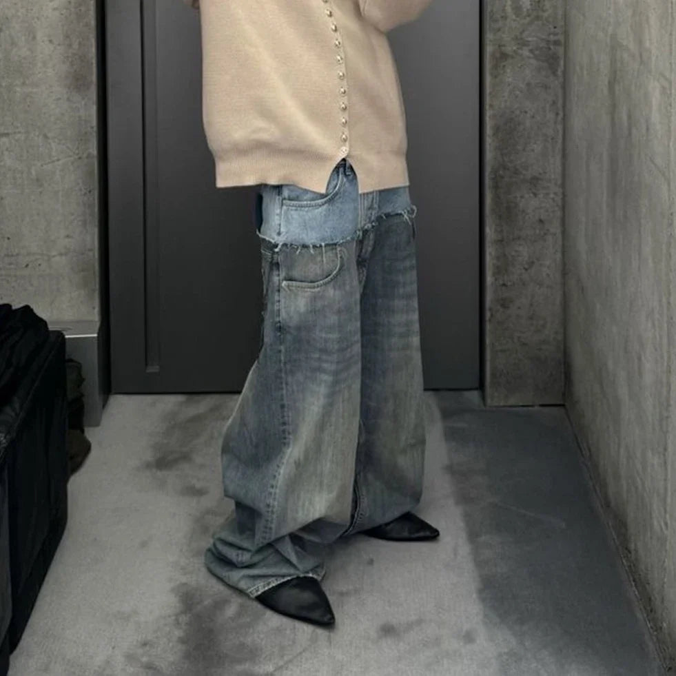 Double-layer Double Waist Patchwork Baggy Jeans for Men and Women Straight Casual Loose Denim Trousers Oversized
