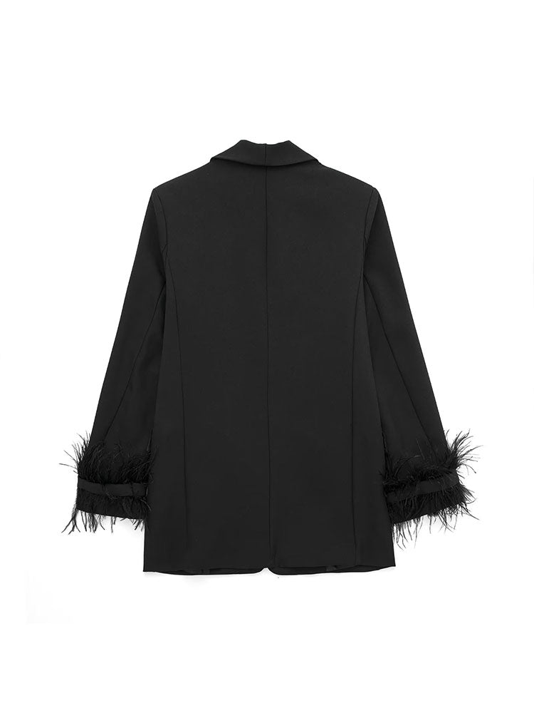 Women Fashion Satin Black With Feather Blazer Jacket Vintage Notched Neck Single Button Long Sleeves Female Outfits