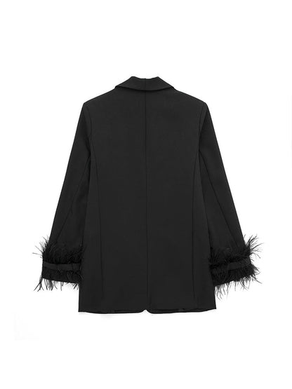 Women Fashion Satin Black With Feather Blazer Jacket Vintage Notched Neck Single Button Long Sleeves Female Outfits