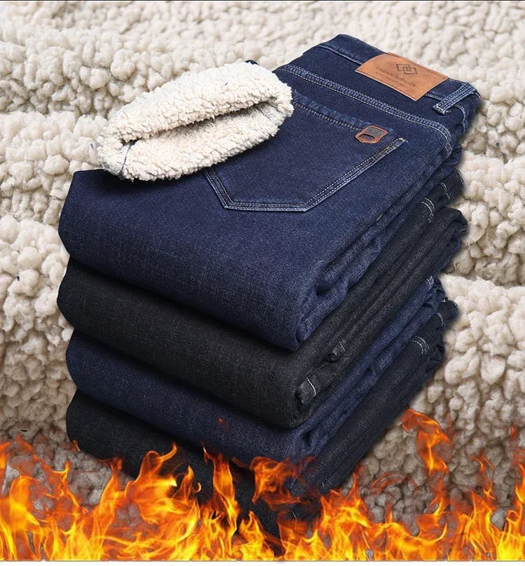 Winter Men's Fleece Thick Sherpa Jeans Business Casual Velvet Straight Denim Pants Male Wool Plush Classic Stretch Trousers