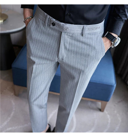 New Korean Style Fashion Striped Embroidery Suit Pants Men's Business Slim Casual Straight Pants Formal Wedding Party Trousers