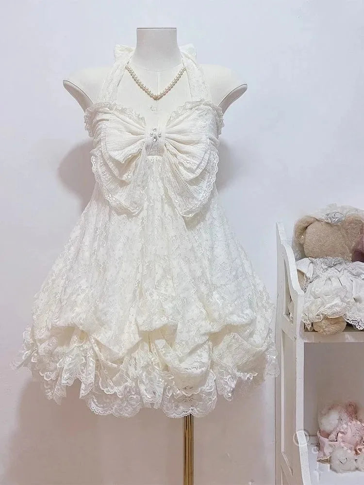 French Style Sweet Cute Polka Dot Splicing Dress Lace Bow Korean Fashion Dresses New Design Slim Waist Lady Y2k Mini Dress