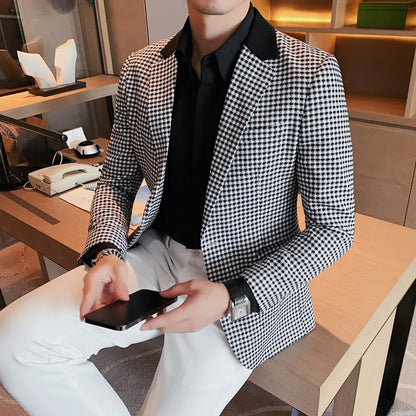 2024 Autumn Winter Korean  Houndstooth Blazer Jackets Fashion Color Matching Lapel Design Casual Men's Plaid Suit Coat Tuxedo