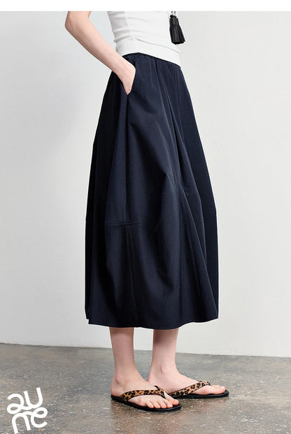 Women's A-Line Bud Skirt 2026 Summer New Split Detail Retro Puff Midi Skirt, Lightweight Outdoor Wear