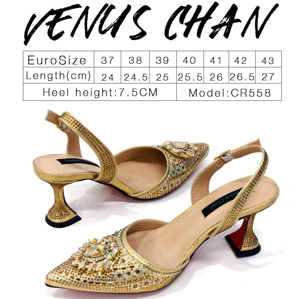2024 Latest Wedding Pointed Toe Women's Shoes High Heel Black Color Rhinestones italian shoes and bags matching set