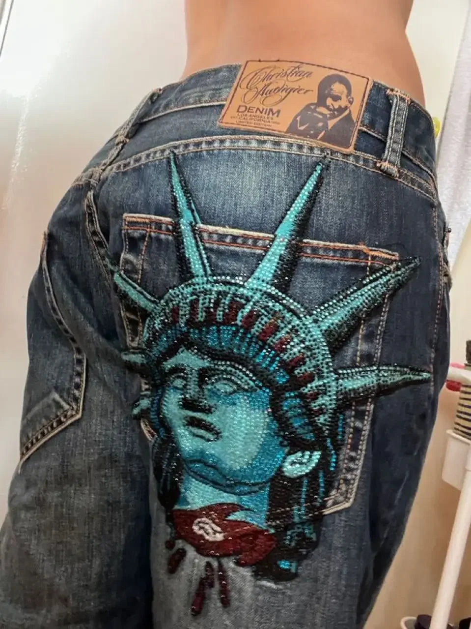 Retro 2000s Diamonds Jeans Y2k Statue of liberty Casual Denim Pants High Waist Straight Harajuku Wide Leg Jeans Women Clothing