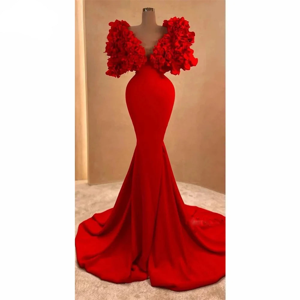 Glamorous Red Prom Dress V - Neckline Mermaid Evening Dresses with Exaggerated Floral - Shoulder Formal Gown Customized