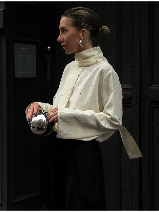 Satin Scarf Neck Polka Dot Printing Women Blouse Full Sleeve Loose Basic Shirt Lady Fashion Autumn New Highstreet Commute Wear