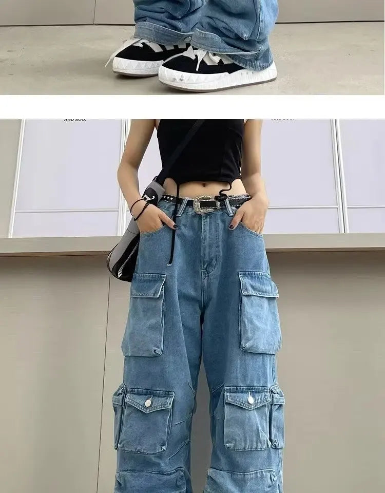 Y2K Cargo Jeans Women's Baggy Wide Leg Multi-Pocket Fashion Denim Pants Harajuku Streetwear Female Vintage Loose Casual Pants