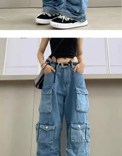Y2K Cargo Jeans Women's Baggy Wide Leg Multi-Pocket Fashion Denim Pants Harajuku Streetwear Female Vintage Loose Casual Pants