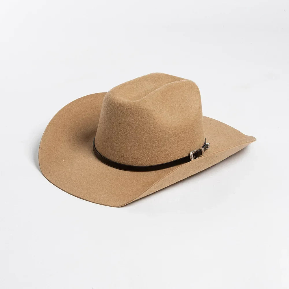 New Autumn Winter Women Fedoras with Belt Buckle Wide Brim Rolled Wool Cowboy Hat M L Size Obtainable