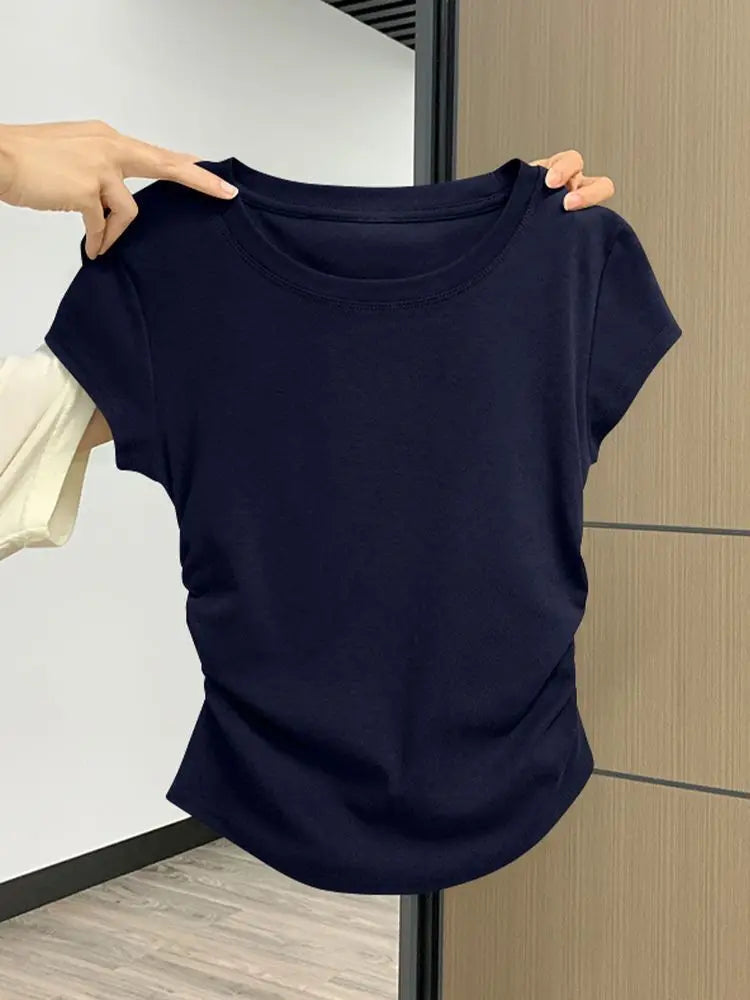 Summer Slim Fit Top for Women Casual Threaded Waist Cinched U-Shaped Hem Short Sleeve Irregular Hemline Women's Clothing