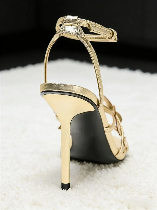 Elegant Gold Leaf Narrow Band High Heeled Sandals Women Fashion Open Toe Ankle Buckle Dress Shoes Luxury Brand Designer Shoes