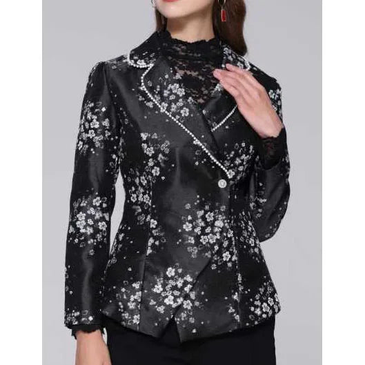 Vintage Blue Floral Jacquard Women Blazer 2023 Autumn New Suit Collar Jacket Elegant Slim Beaded Casual Blazers Coat
