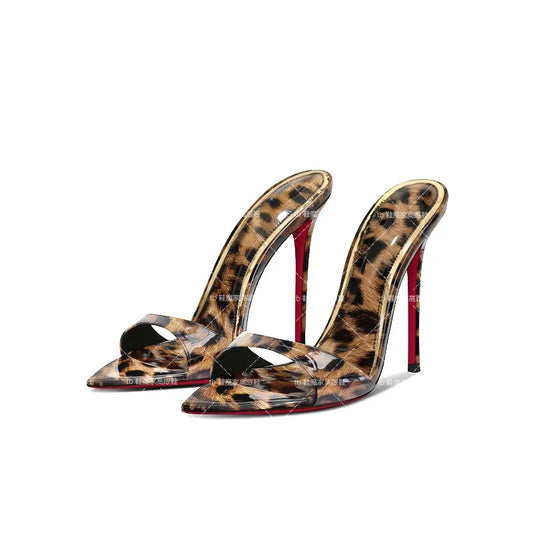 2025 New Leopard Pattern Pointed High Heels for Women, Ultra fine Heels, Slippers with Bare Toes, Half Dragged, Simple Sandals